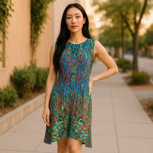 BCBGMaxAzria Blue and Orange Jenica Asymmetrical Sheath Dress Medium